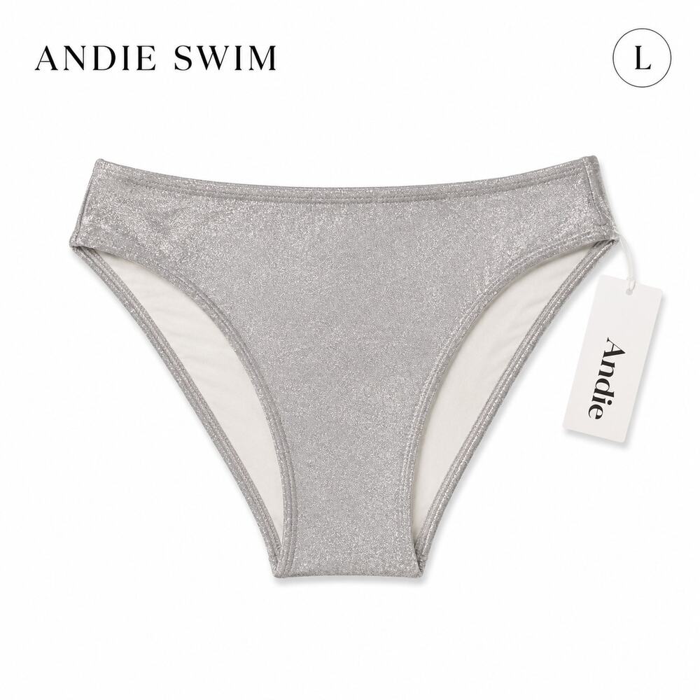 Andie Swim Size L Bikini Bottom Metallic Silver Shimmer Lined NWT Beach